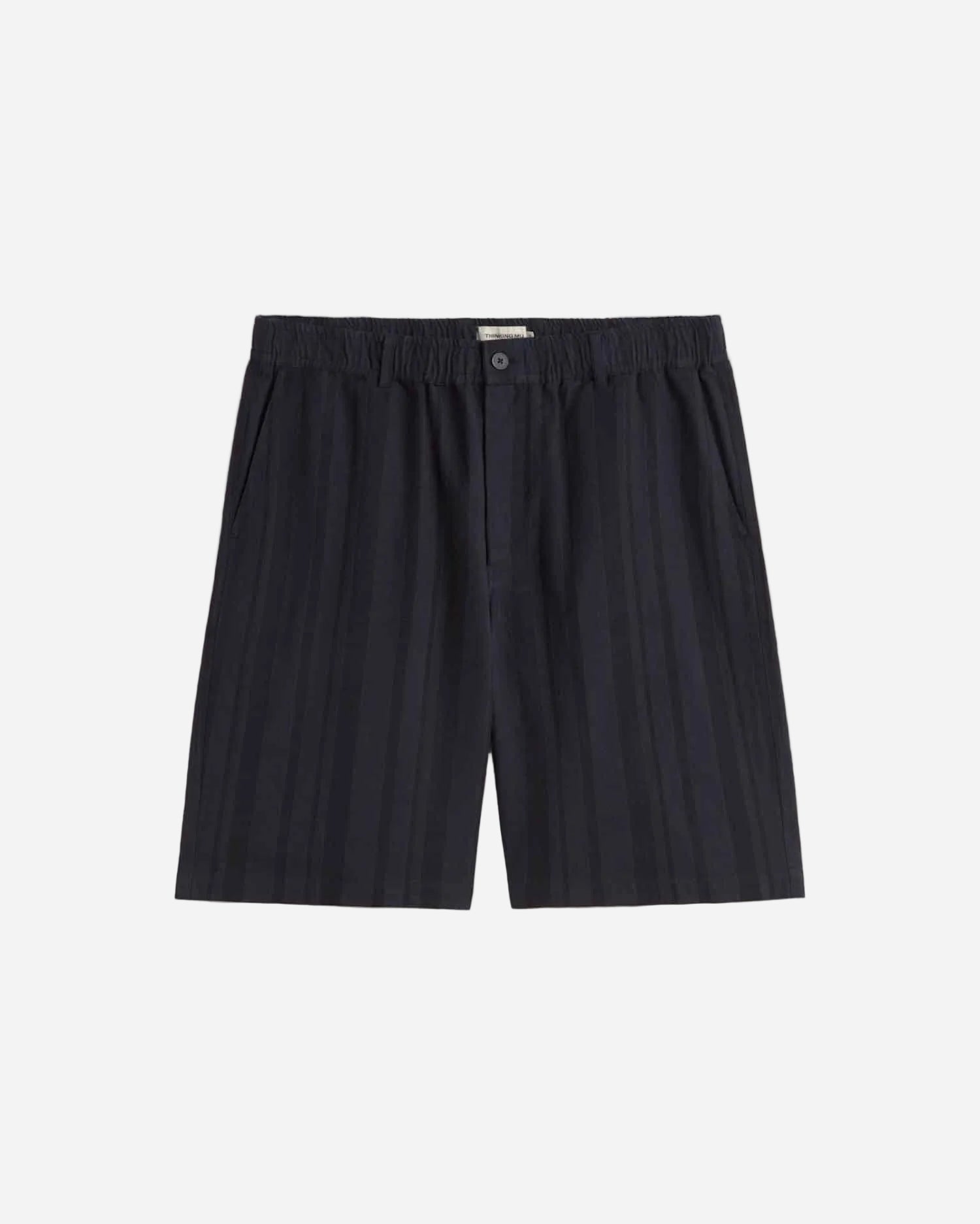Navy striped shorts on a light gray background