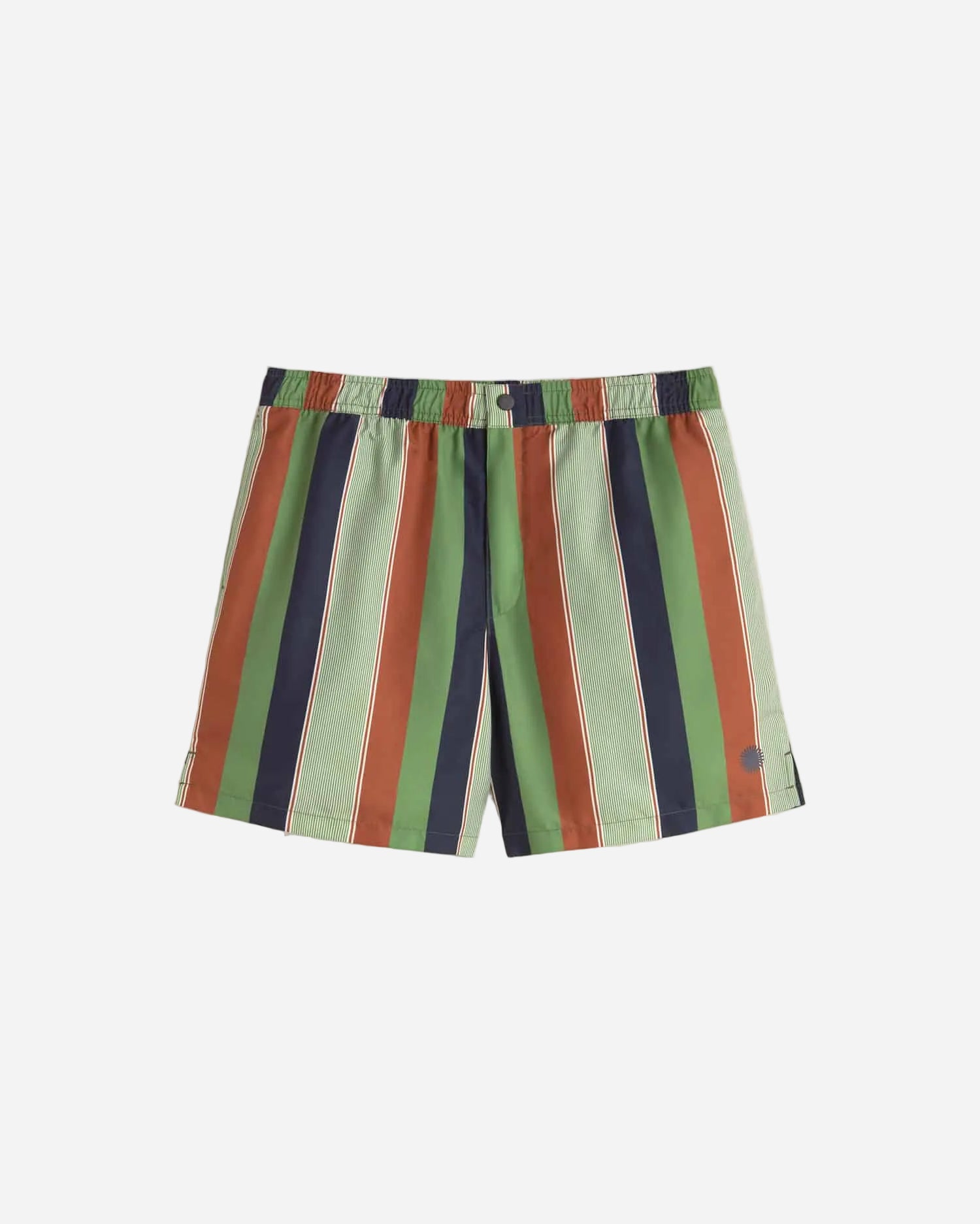 Striped shorts with green, red, and navy pattern on a light gray background