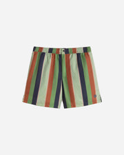 Striped shorts with green, red, and navy pattern on a light gray background