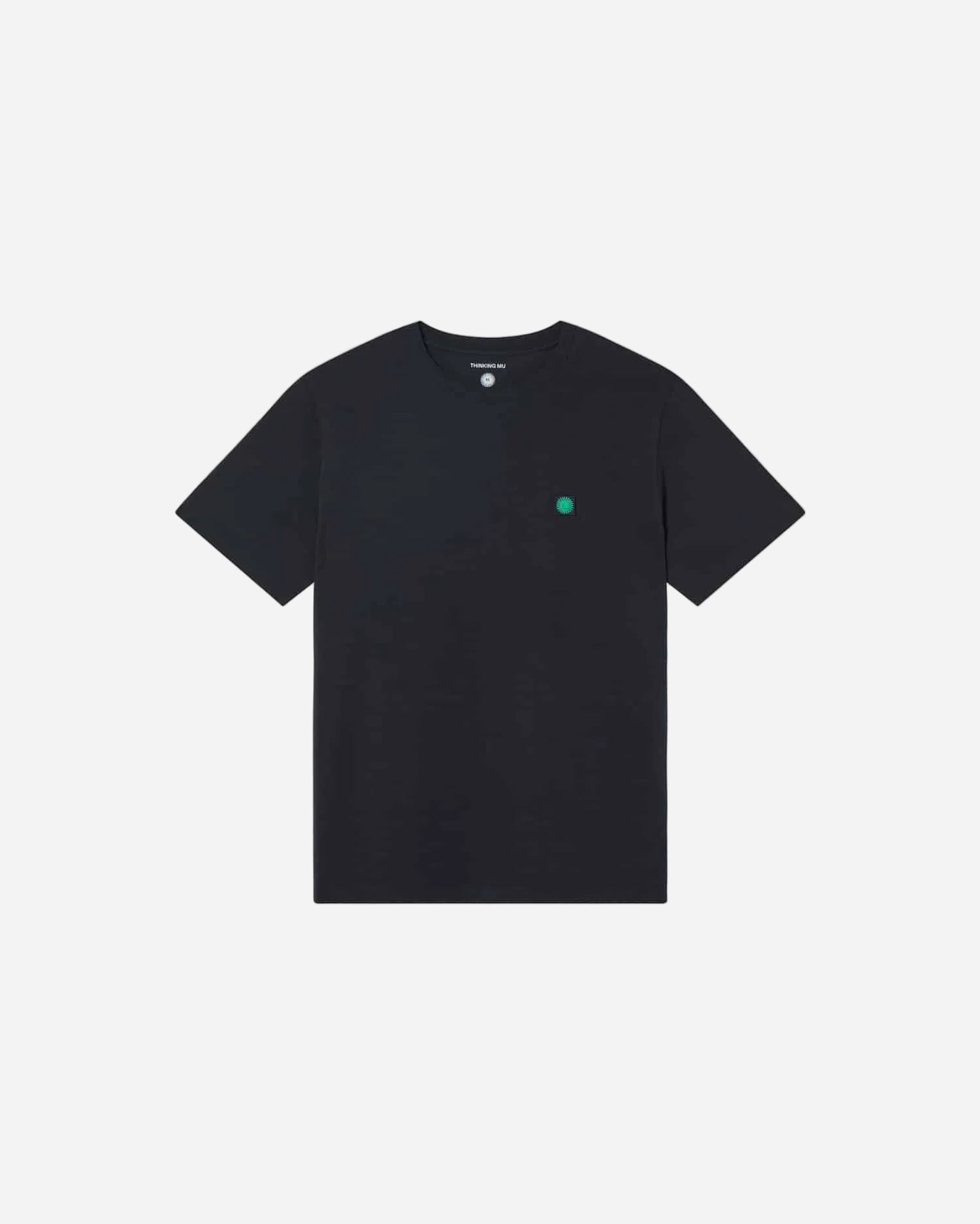 Navy t-shirt with a small green logo on a white background