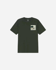 Dark green t-shirt with a small graphic on a white background