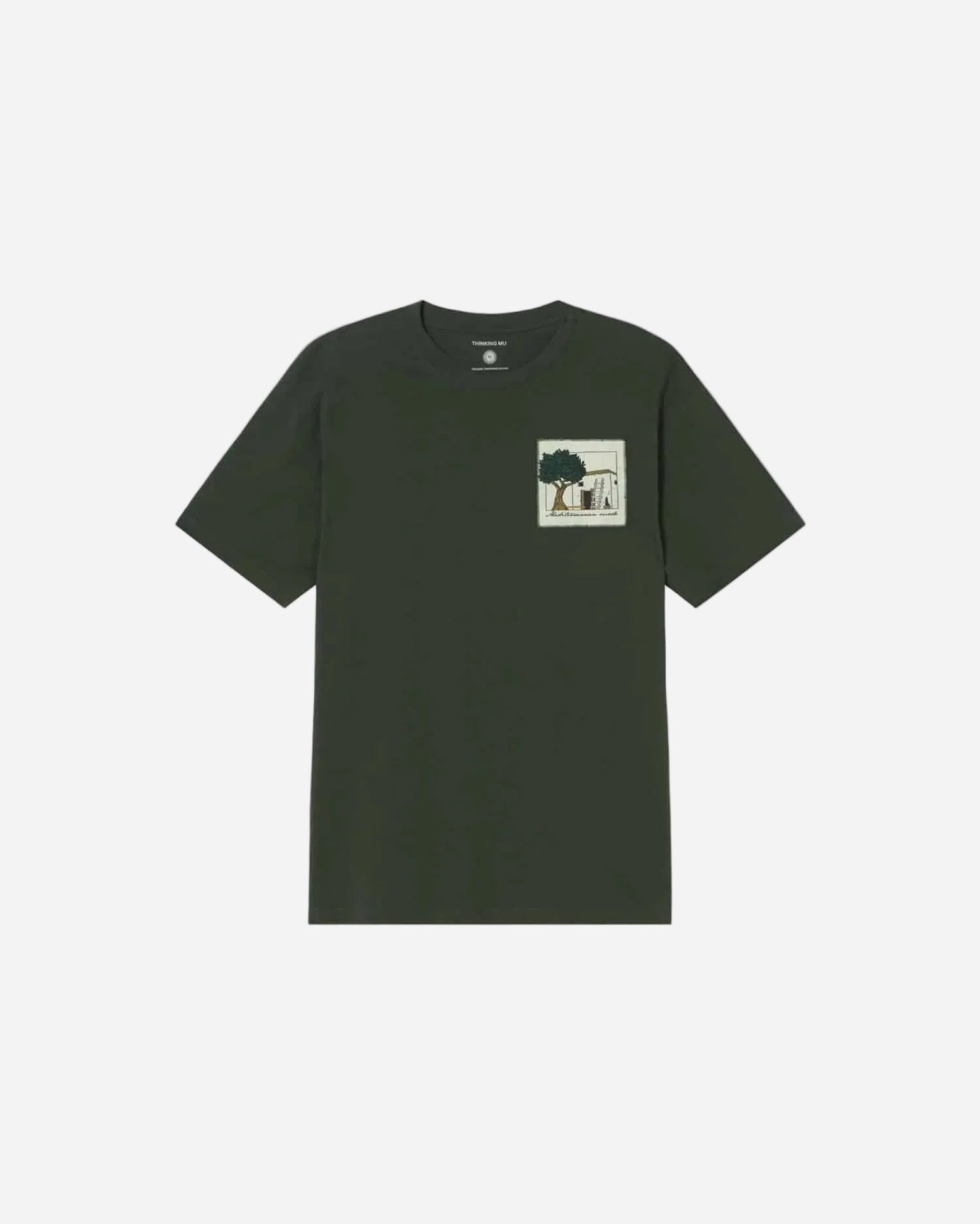 Dark green t-shirt with a small graphic on a white background