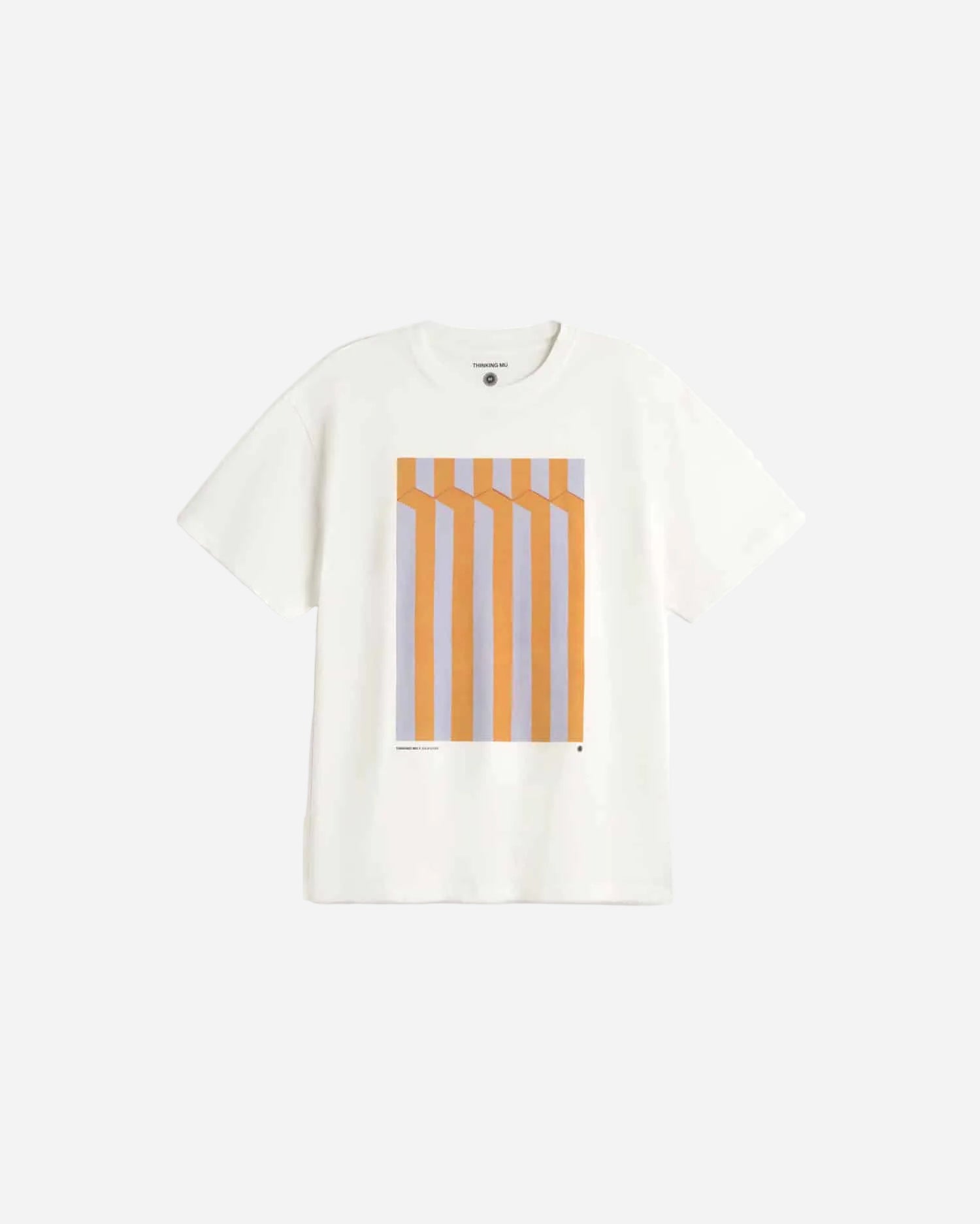 White t-shirt with a colorful geometric design on a white background
