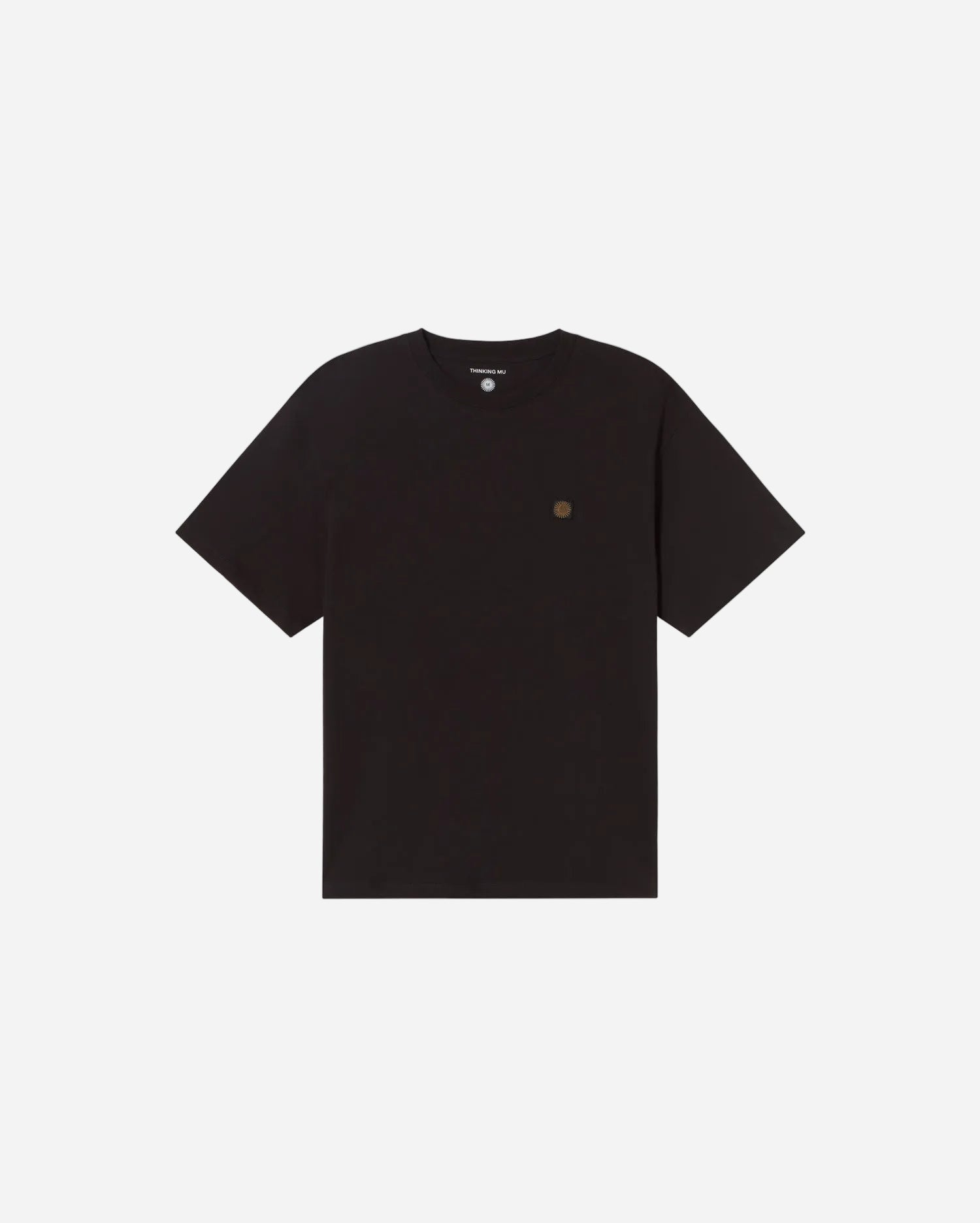 Black t-shirt with a small logo on a white background