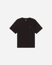 Black t-shirt with a small logo on a white background