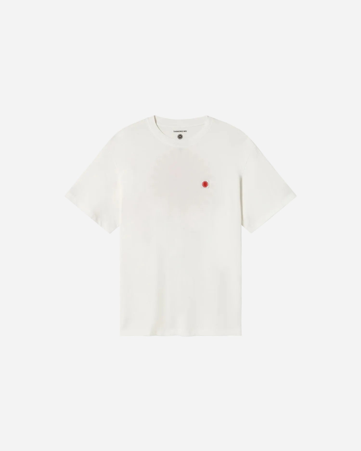 White t-shirt with a red dot on a white background