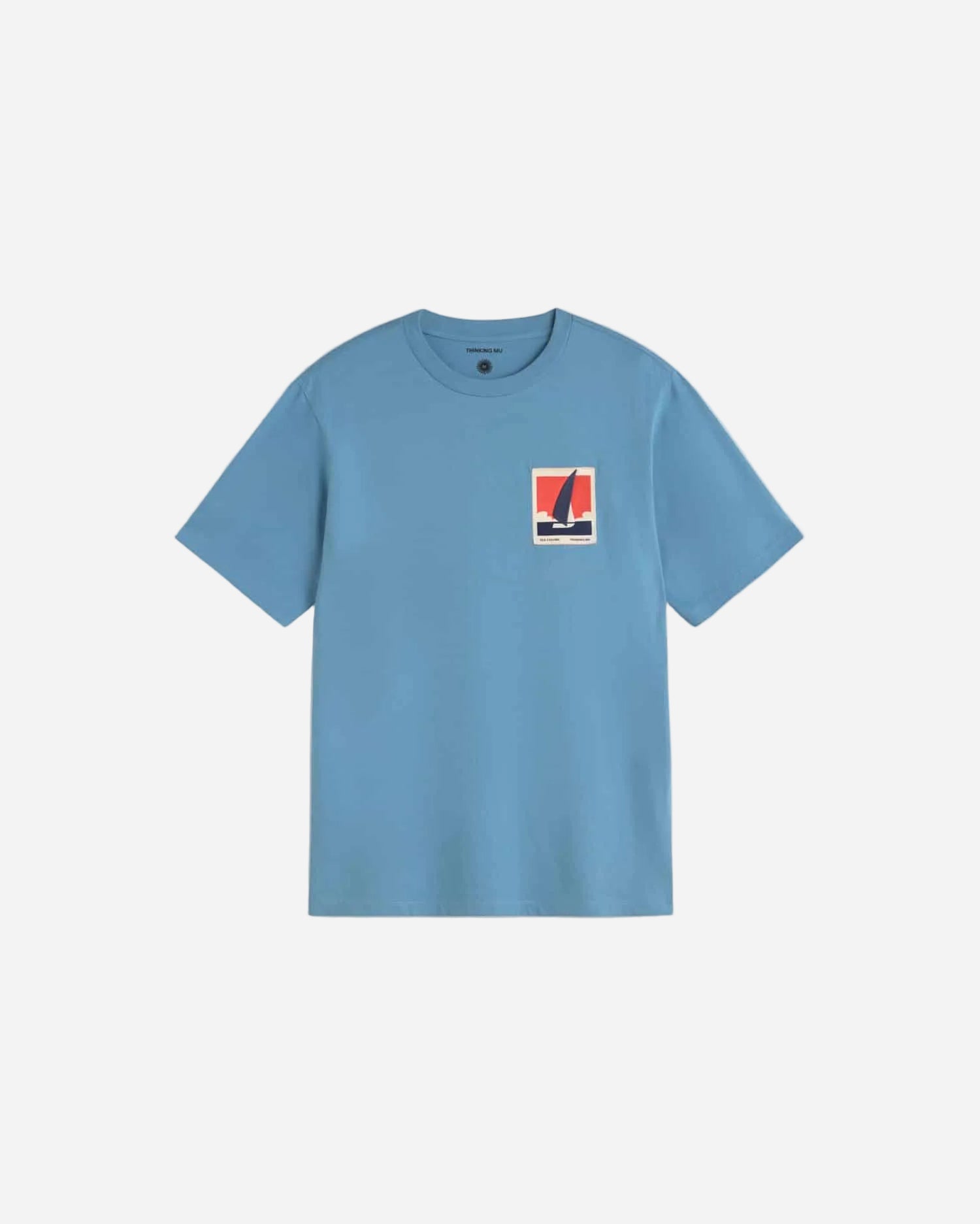 Blue t-shirt with a logo on a light gray background
