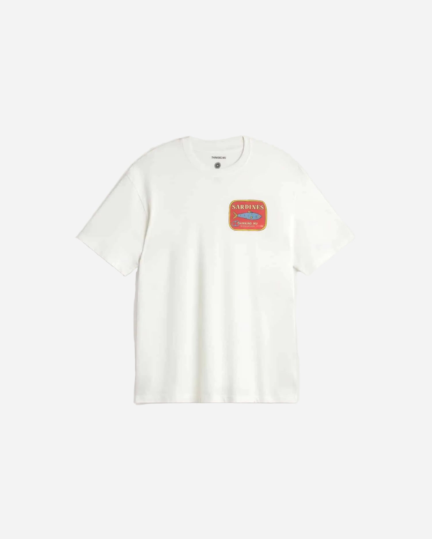 White t-shirt with a red and blue sardines tin logo on a white background