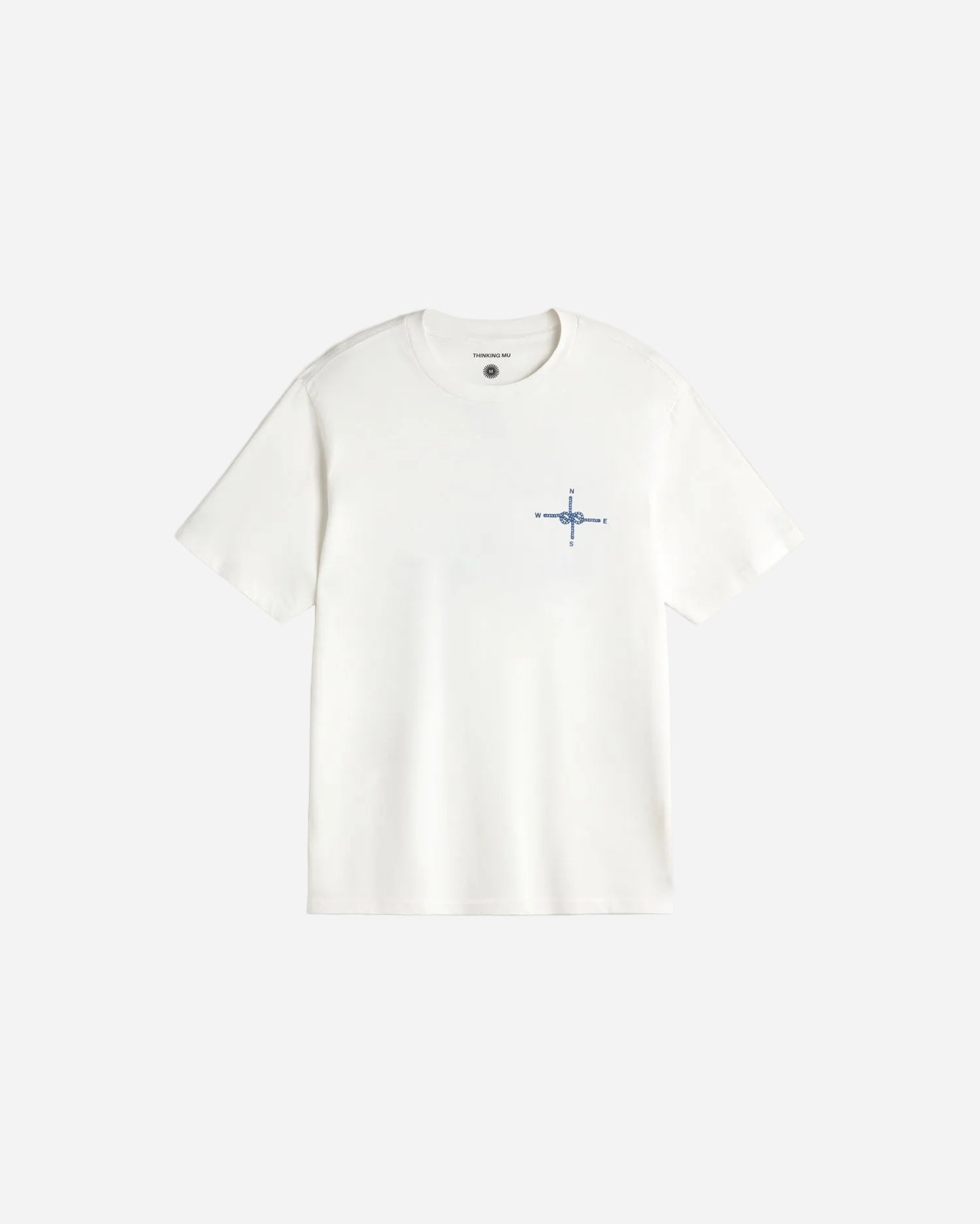 White t-shirt with a small blue logo on a light gray background