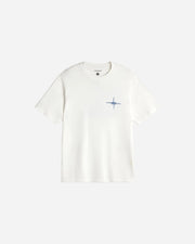 White t-shirt with a small blue logo on a light gray background