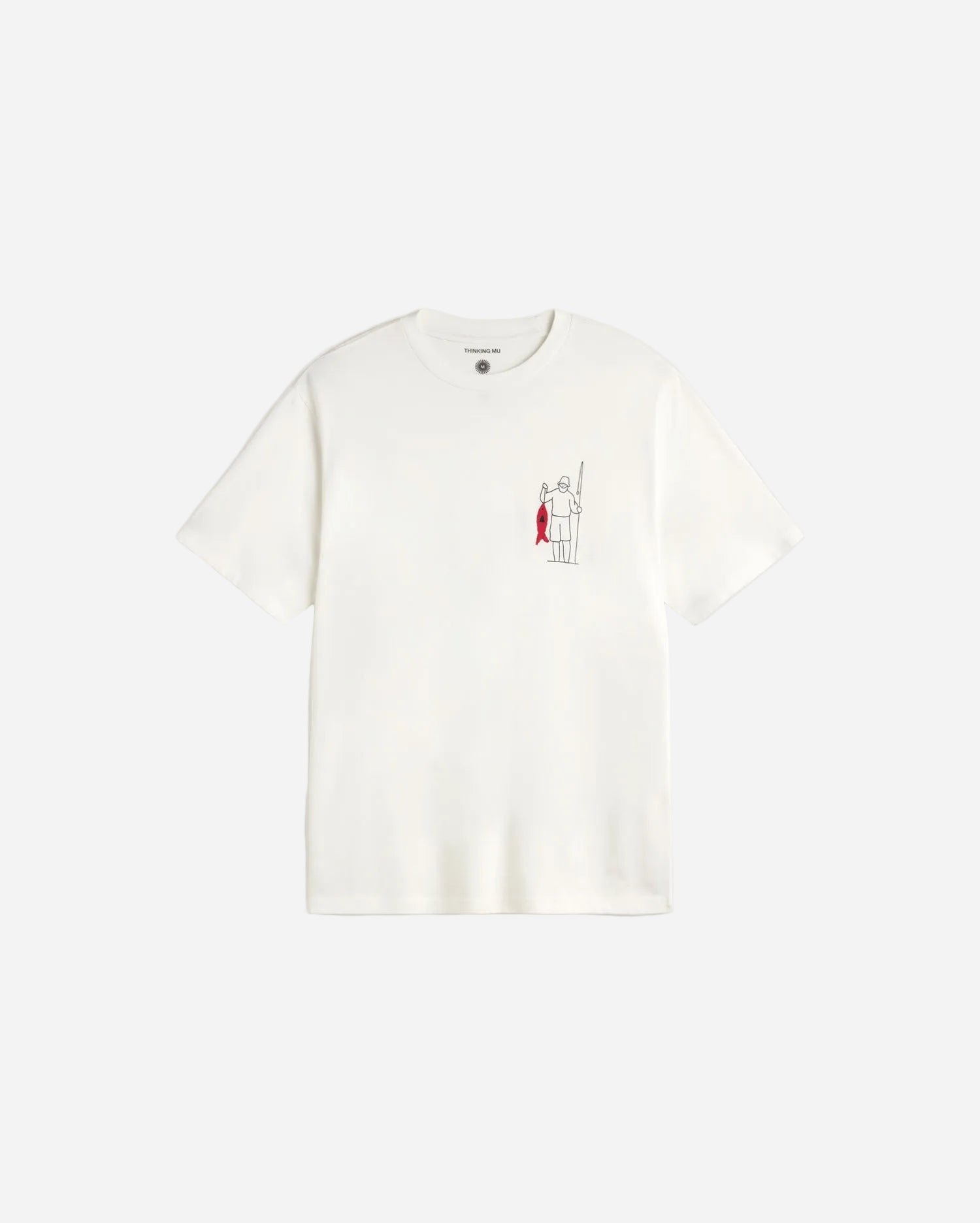 White t-shirt with a small red and black fisherman graphic on a white background