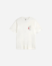 White t-shirt with a small red and black fisherman graphic on a white background
