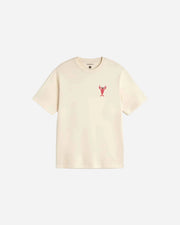 Beige t-shirt with a small red  emrboidered lobster on a light gray background
