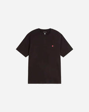 Black t-shirt with a small red logo on a light gray background
