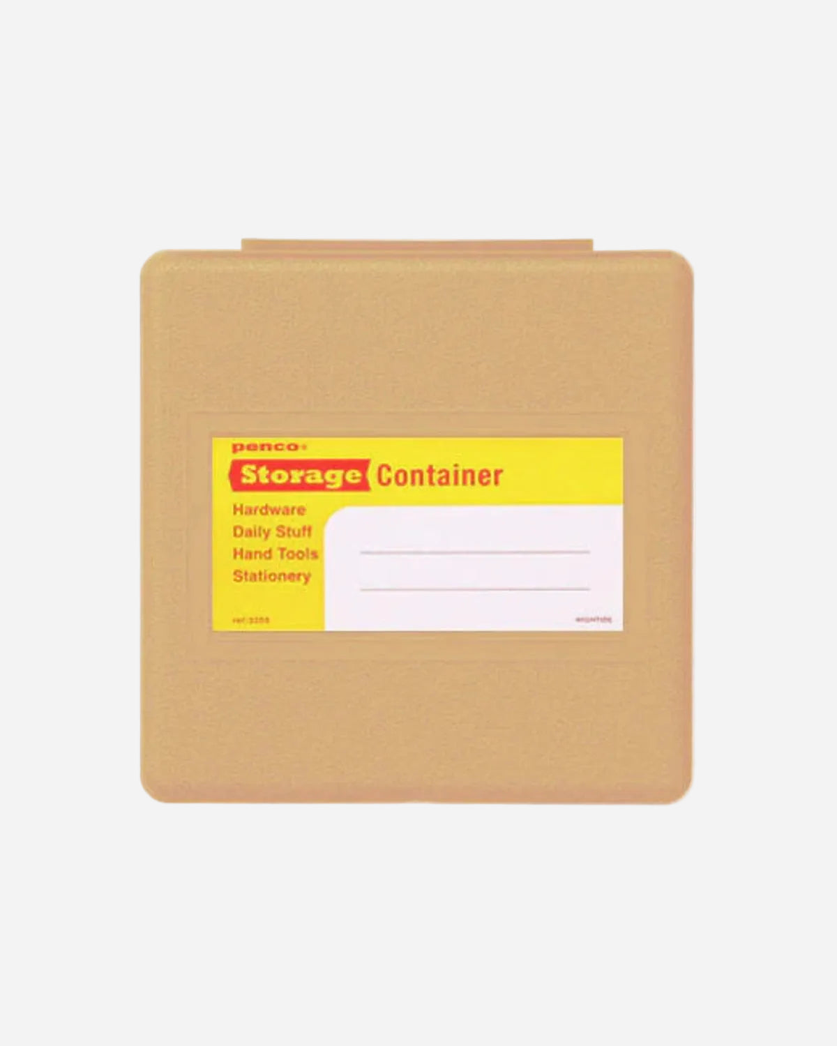 Brown storage container with a yellow label on a white background