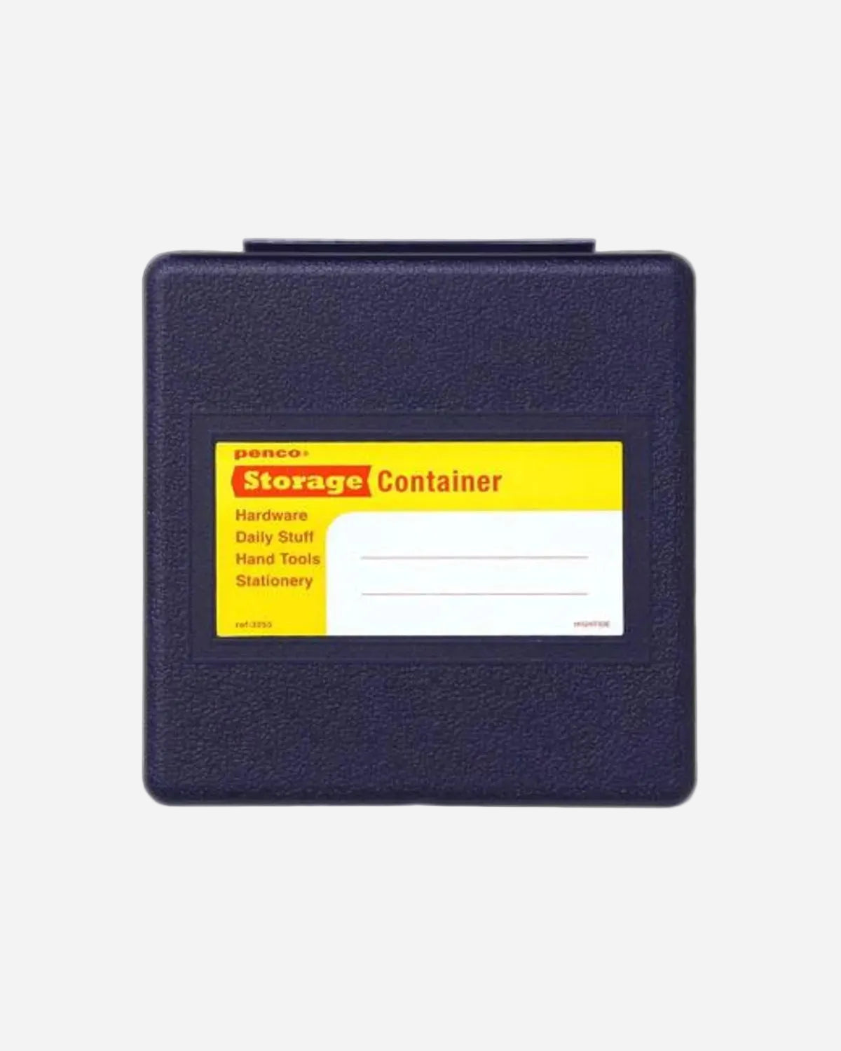 Blue storage container with a yellow label on a white background